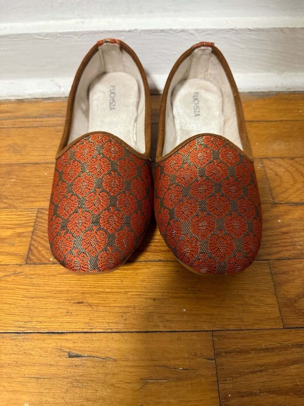 Fuchsia Kashi Orange and Gold Brocade Artisan Made Luxury Flats Size 9W